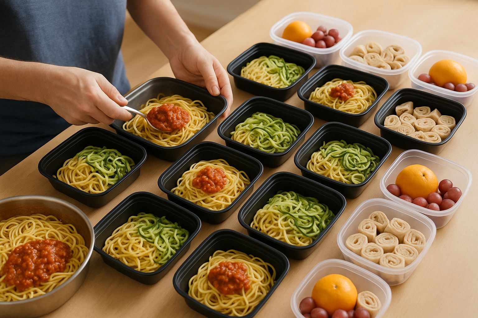 En familie tilbereder aftensmad sammen i et køkken med friske råvarer.