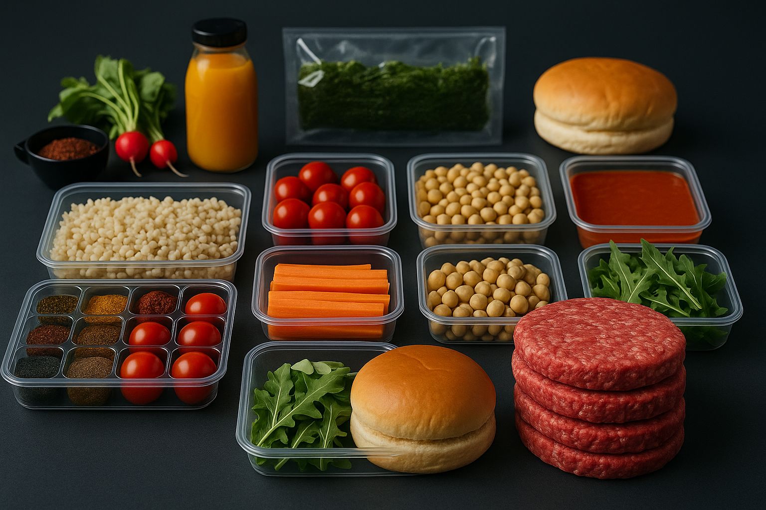 Friske ingredienser til en måltidskasse, klar til nem madlavning.