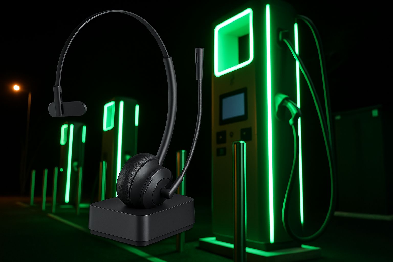 Seks Zaptec Pro ladestationer monteret på en blå væg i et parkeringsanlæg, klar til opladning.