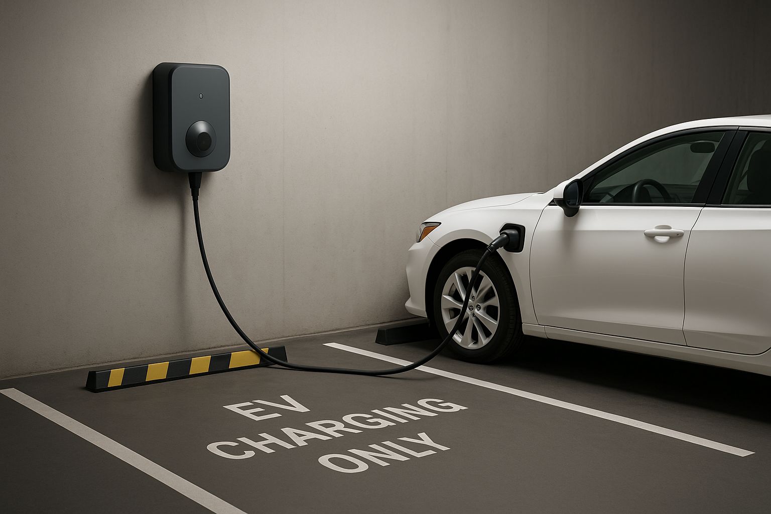 En hvid elbil oplades ved en vægmonteret ladestander i et parkeringshus.