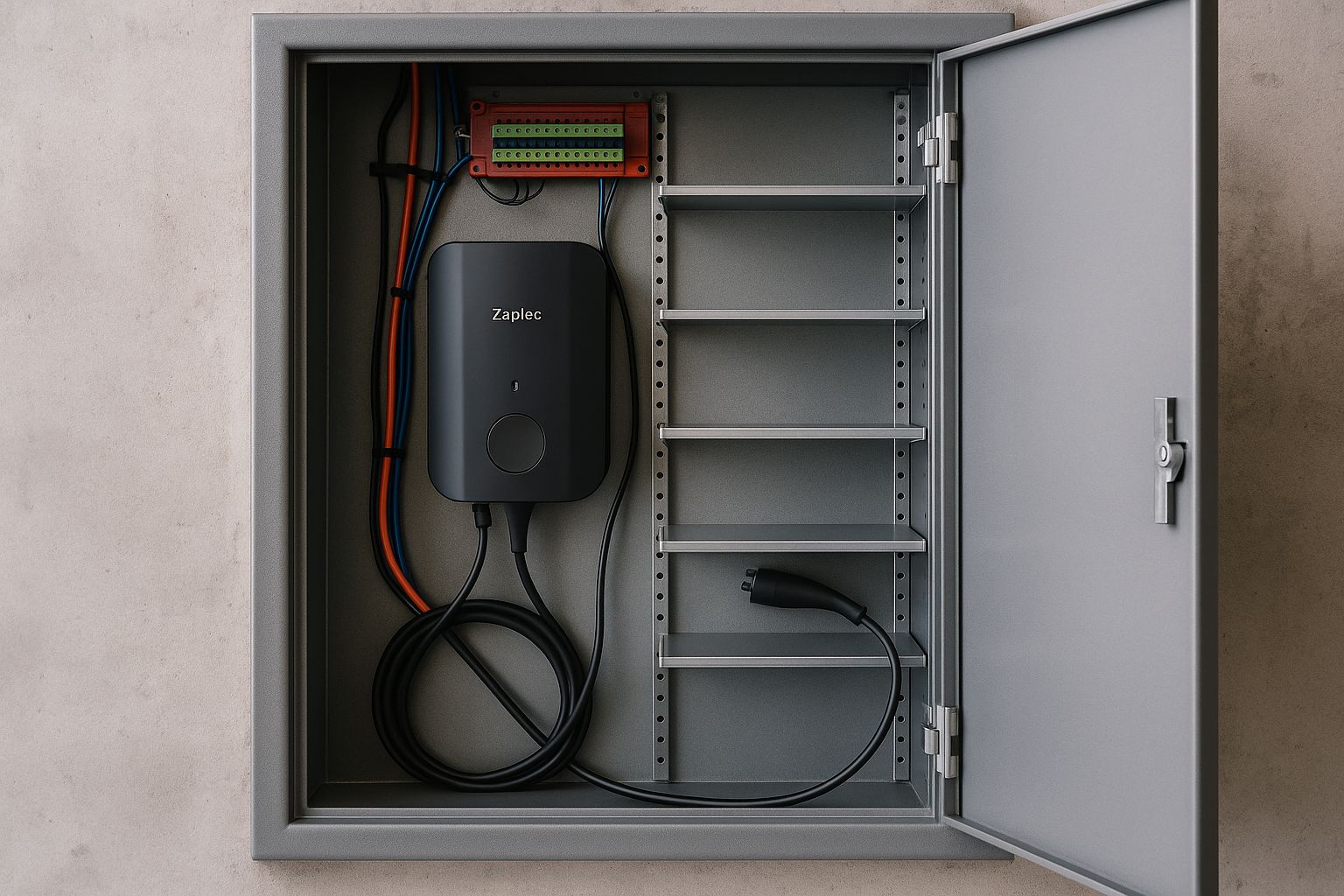 Åbent gråt skab med Zaptec Pro ladeboks, ledninger og et kabel til elbilopladning.