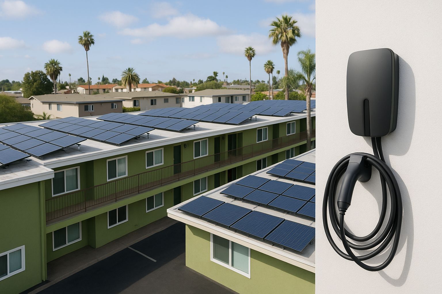 Boligkompleks med solpaneler på tagene og en elbiloplader på en væg.